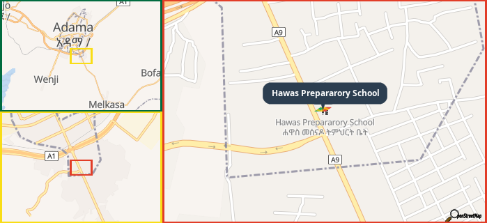 Map showing the address of Hawas Prepararory School in three different zoom levels.