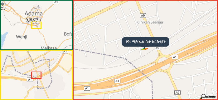 Map showing the address of ቦኩ ሚካኤል ቤተ-ክርስቲያን in three different zoom levels.