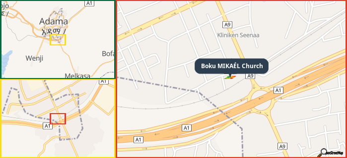Map showing the address of Boku MIKAÉL Church in three different zoom levels.