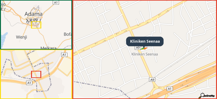 Map showing the address of Kliniken Seenaa in three different zoom levels.