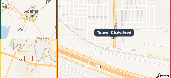 Map showing the address of Tirunesh Dibaba Street in three different zoom levels.
