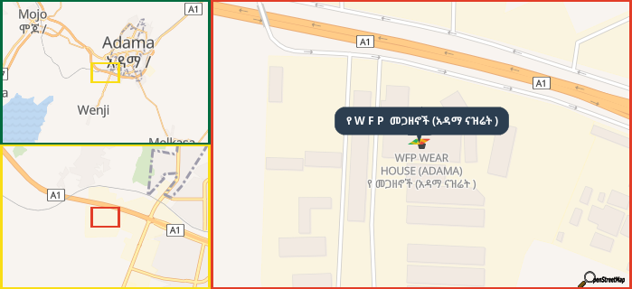 Map showing the address of የ W F P  መጋዘኖች (አዳማ ናዝሬት ) in three different zoom levels.