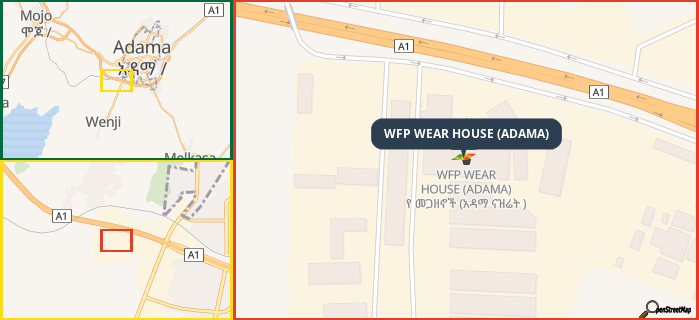 Map showing the address of WFP WEAR HOUSE (ADAMA) in three different zoom levels.