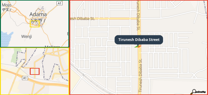 Map showing the address of Tirunesh Dibaba Street in three different zoom levels.