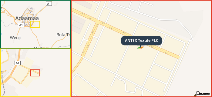Map showing the address of ANTEX Textile PLC in three different zoom levels.