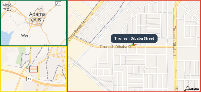 Map showing the address of Tirunesh Dibaba Street in three different zoom levels.