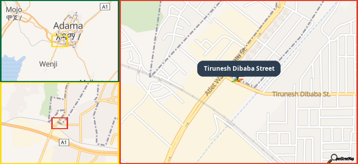 Map showing the address of Tirunesh Dibaba Street in three different zoom levels.