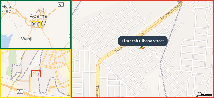 Map showing the address of Tirunesh Dibaba Street in three different zoom levels.