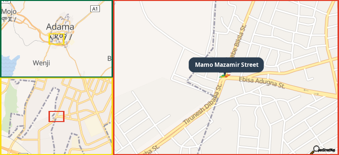 Map showing the address of Mamo Mazamir Street in three different zoom levels.