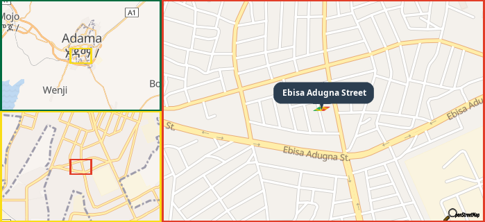 Map showing the address of Ebisa Adugna Street in three different zoom levels.