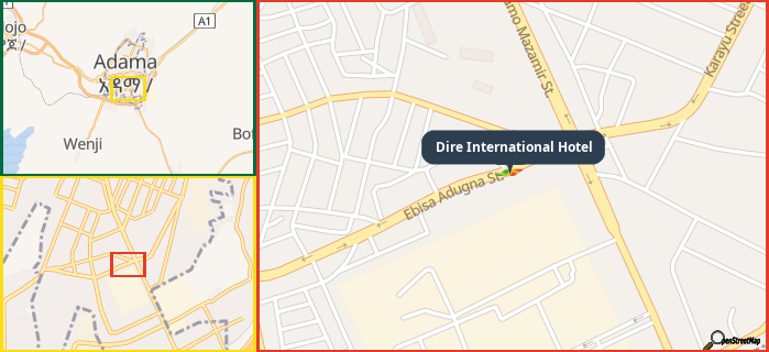 Map showing the address of Dire International Hotel in three different zoom levels.