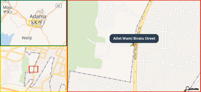 Map showing the address of Atlet Wami Biratu Street in three different zoom levels.