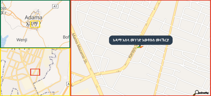 Map showing the address of አዳማ አሰላ መንገድ አውቶቡስ መናኽርያ in three different zoom levels.
