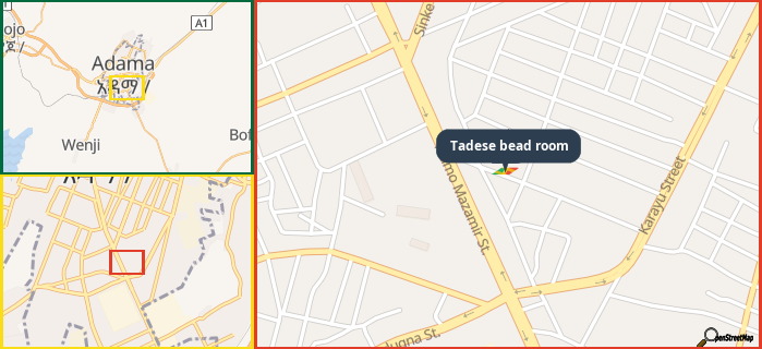 Map showing the address of Tadese bead room in three different zoom levels.