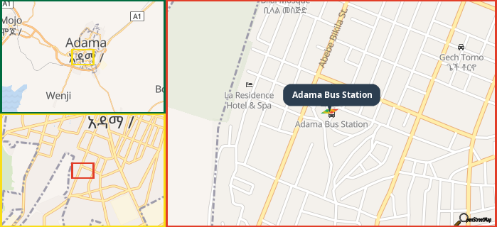 Map showing the address of Adama Bus Station in three different zoom levels.