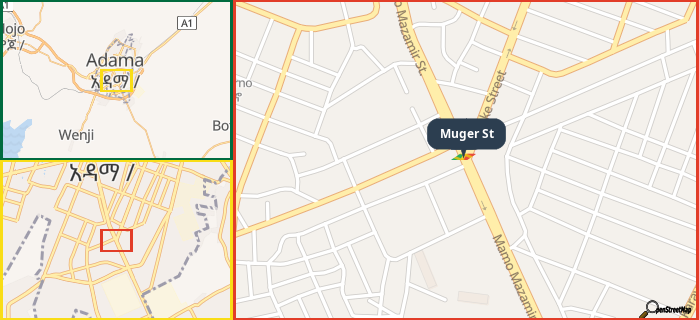 Map showing the address of Muger St in three different zoom levels.