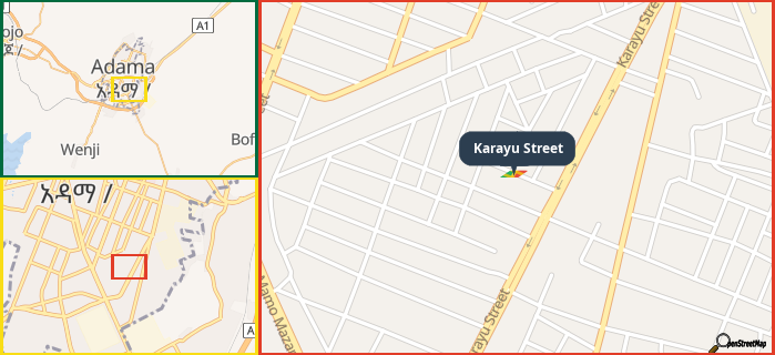 Map showing the address of Karayu Street in three different zoom levels.