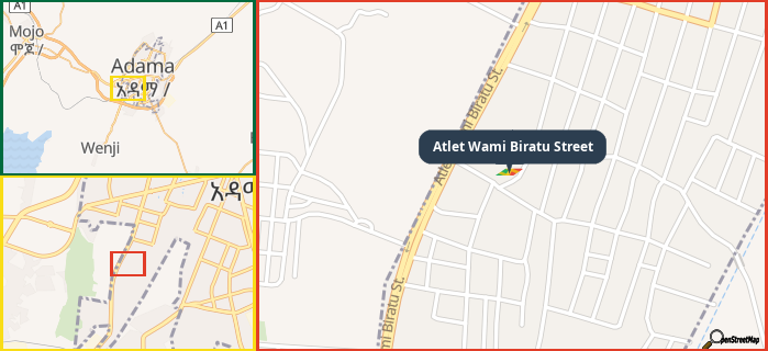 Map showing the address of Atlet Wami Biratu Street in three different zoom levels.