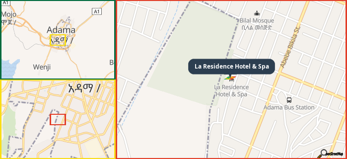 Map showing the address of La Residence Hotel & Spa in three different zoom levels.