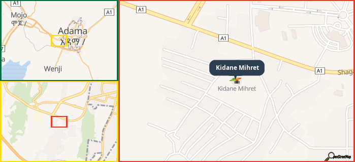 Map showing the address of Kidane Mihret in three different zoom levels.