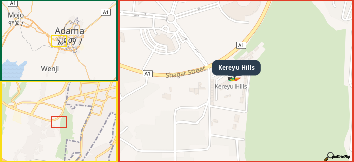 Map showing the address of Kereyu Hills in three different zoom levels.