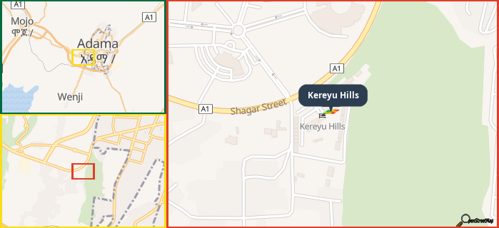 Map showing the address of Kereyu Hills in three different zoom levels.