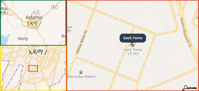 Map showing the address of Gech Torno in three different zoom levels.
