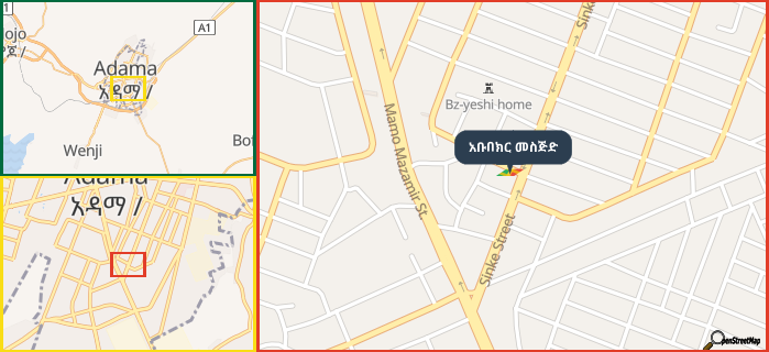 Map showing the address of አቡበክር መስጅድ in three different zoom levels.