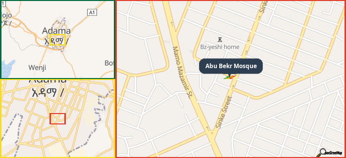 Map showing the address of Abu Bekr Mosque in three different zoom levels.