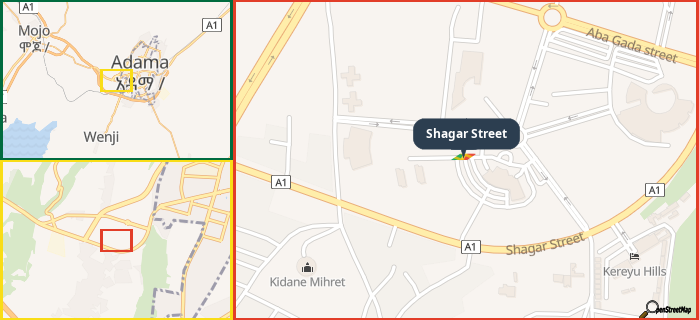 Map showing the address of Shagar Street in three different zoom levels.
