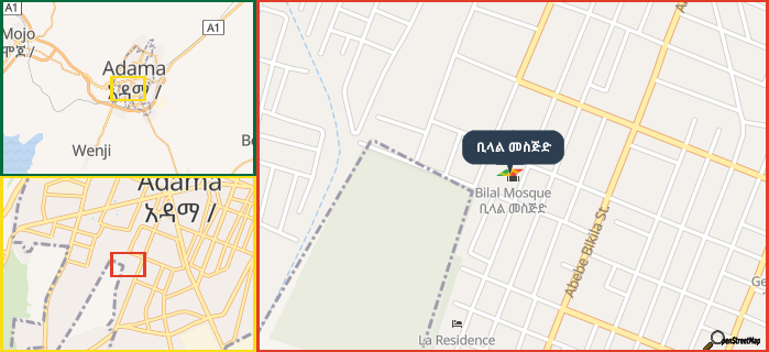 Map showing the address of ቢላል መስጅድ in three different zoom levels.