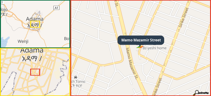 Map showing the address of Mamo Mazamir Street in three different zoom levels.