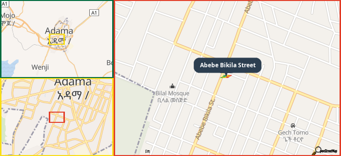 Map showing the address of Abebe Bikila Street in three different zoom levels.