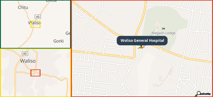 Map showing the address of Woliso General Hospital in three different zoom levels.