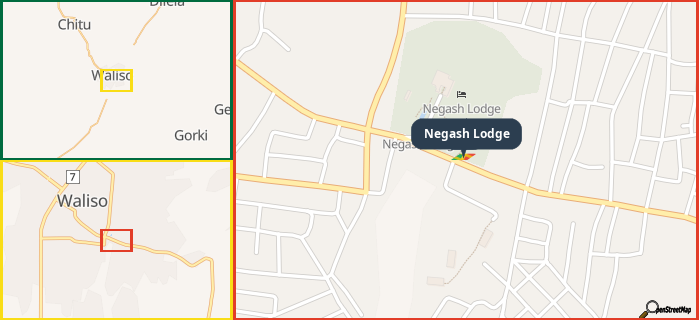 Map showing the address of Negash Lodge in three different zoom levels.