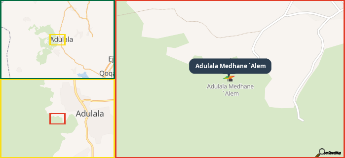 Map showing the address of Adulala Medhane `Alem in three different zoom levels.