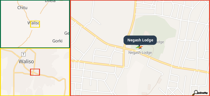 Map showing the address of Negash Lodge in three different zoom levels.