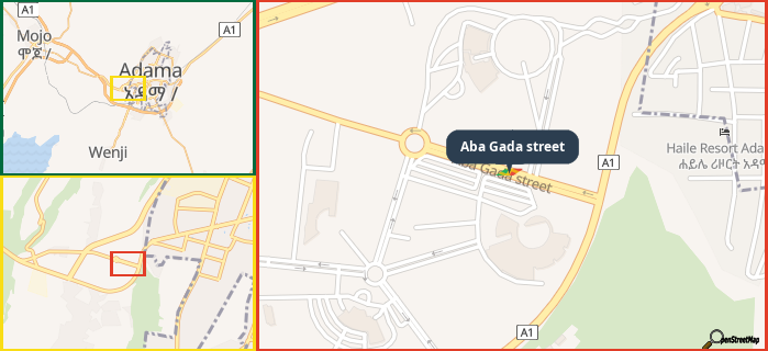 Map showing the address of Aba Gada street in three different zoom levels.