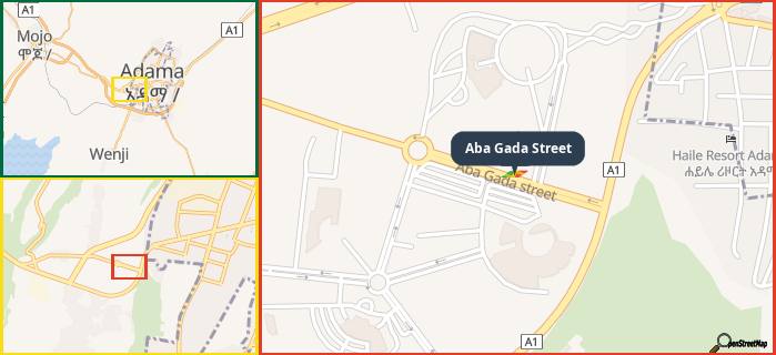 Map showing the address of Aba Gada Street in three different zoom levels.