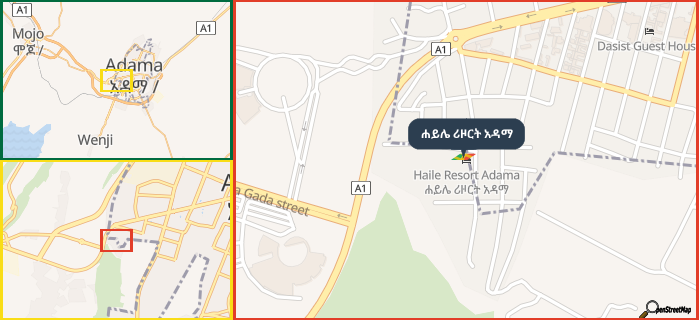 Map showing the address of ሐይሌ ሪዞርት አዳማ in three different zoom levels.