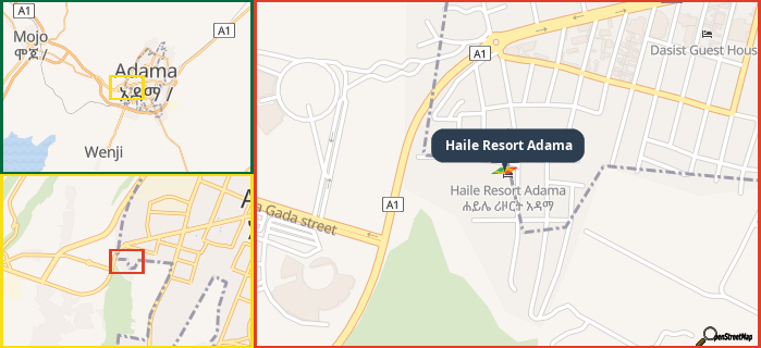 Map showing the address of Haile Resort Adama in three different zoom levels.