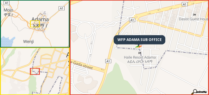 Map showing the address of WFP ADAMA SUB OFFICE in three different zoom levels.