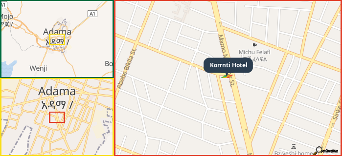 Map showing the address of Korrnti Hotel in three different zoom levels.