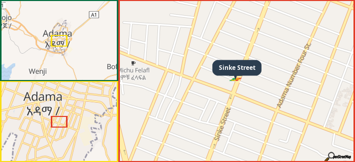 Map showing the address of Sinke Street in three different zoom levels.