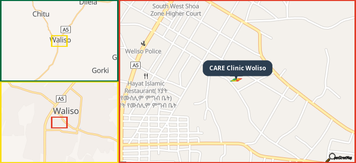 Map showing the address of CARE Clinic Woliso in three different zoom levels.