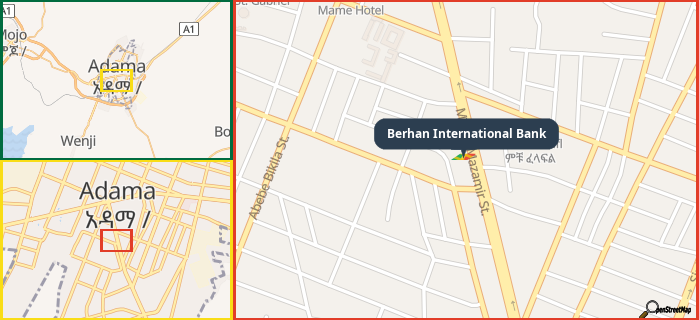 Map showing the address of Berhan International Bank in three different zoom levels.
