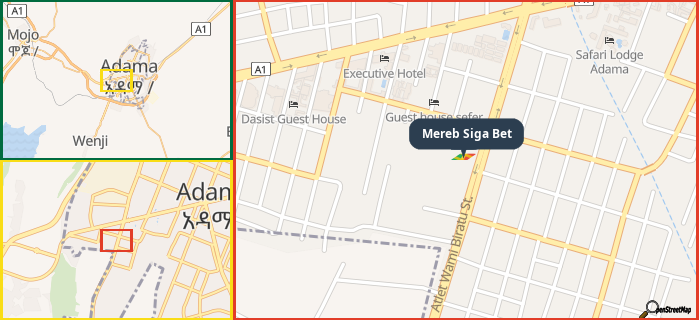 Map showing the address of Mereb Siga Bet in three different zoom levels.