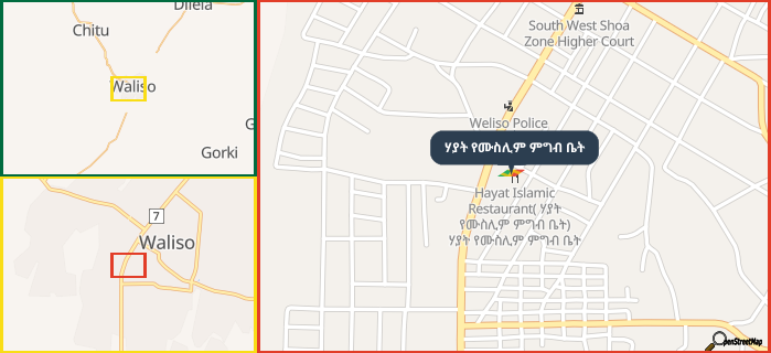 Map showing the address of ሃያት የሙስሊም ምግብ ቤት in three different zoom levels.