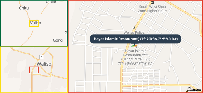 Map showing the address of Hayat Islamic Restaurant( ሃያት የሙስሊም ምግብ ቤት) in three different zoom levels.