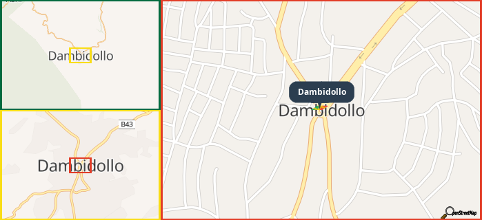 Map showing the address of Dambidollo in three different zoom levels.